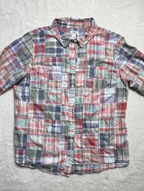 L.L. Bean Patchwork Plaid Madras Button Up Shirt Womens Large Cotton Long Sleeve